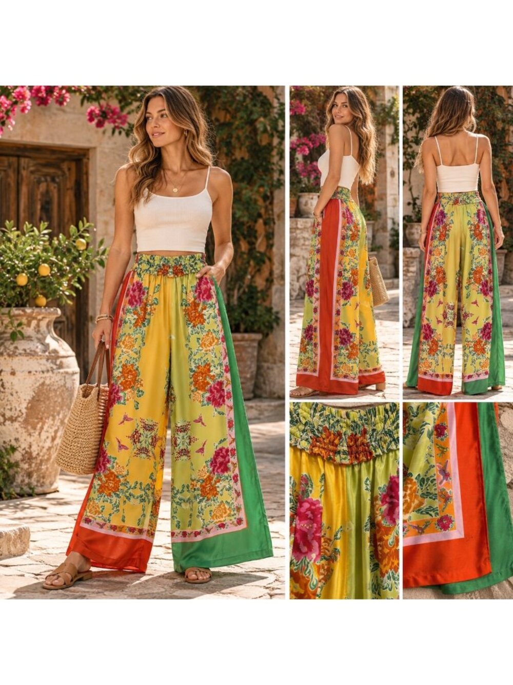 By Anthropologie Floral Scarf Print Wide Leg Pants M Boho Resort Palazzo